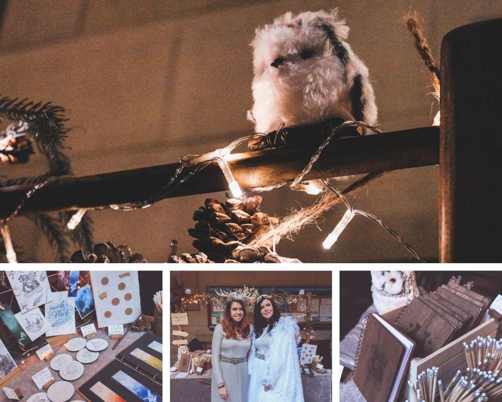 Foto collage del resumen evento de BCN Witch Market con una lechuza decorativa del stand, productos a la venta en el evento, Laura y Cris con el vestuario inspirado en HArry Potter y foto detalle de más productos del stand.